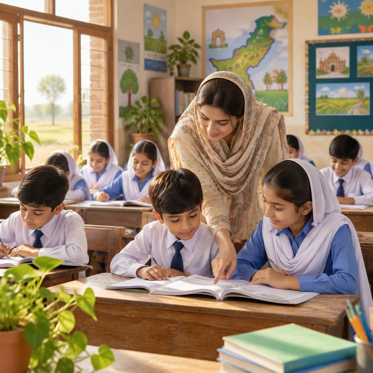 Teacher helping students in a bright classroom